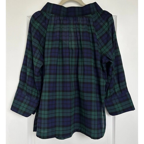 Gretchen Scott Blouse Womens Sz Large Blue Green Plaid Peasant 3/4 Sleeve Cotton - Picture 7 of 12